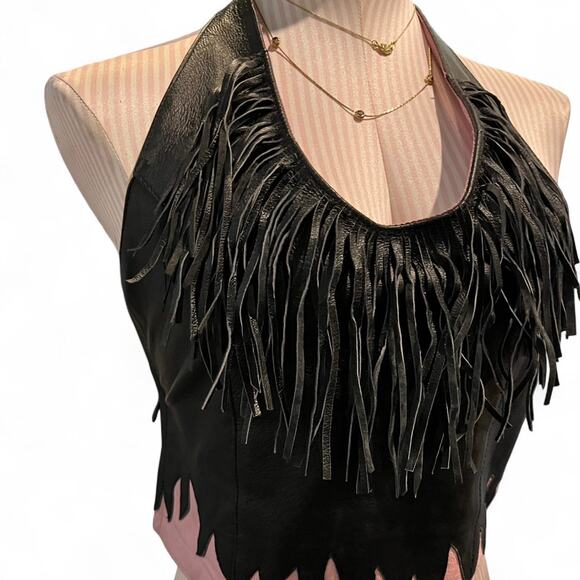 Vintage Y2K Flame Leather Fringe Halter Top biker (S) - Picture 3 of 6